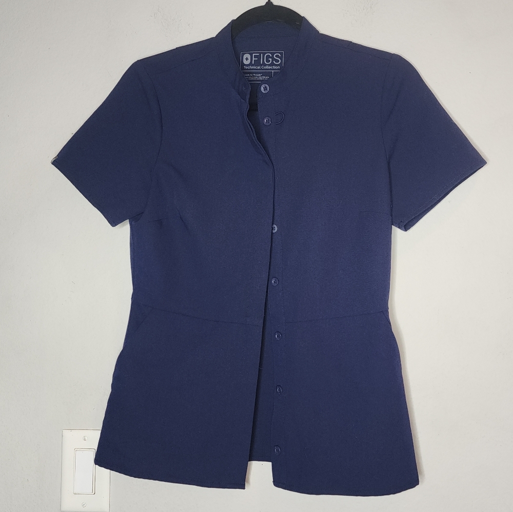 Figs Zaba Button Front Short Sleeve Navy Blue Scrub Top Women's Size XS